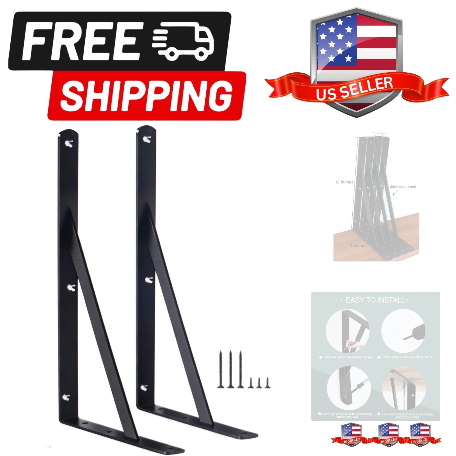 2 Pack L12 x H 8″ Black Heavy Duty Shelf Brackets with Screws Metal Shelf Bra…