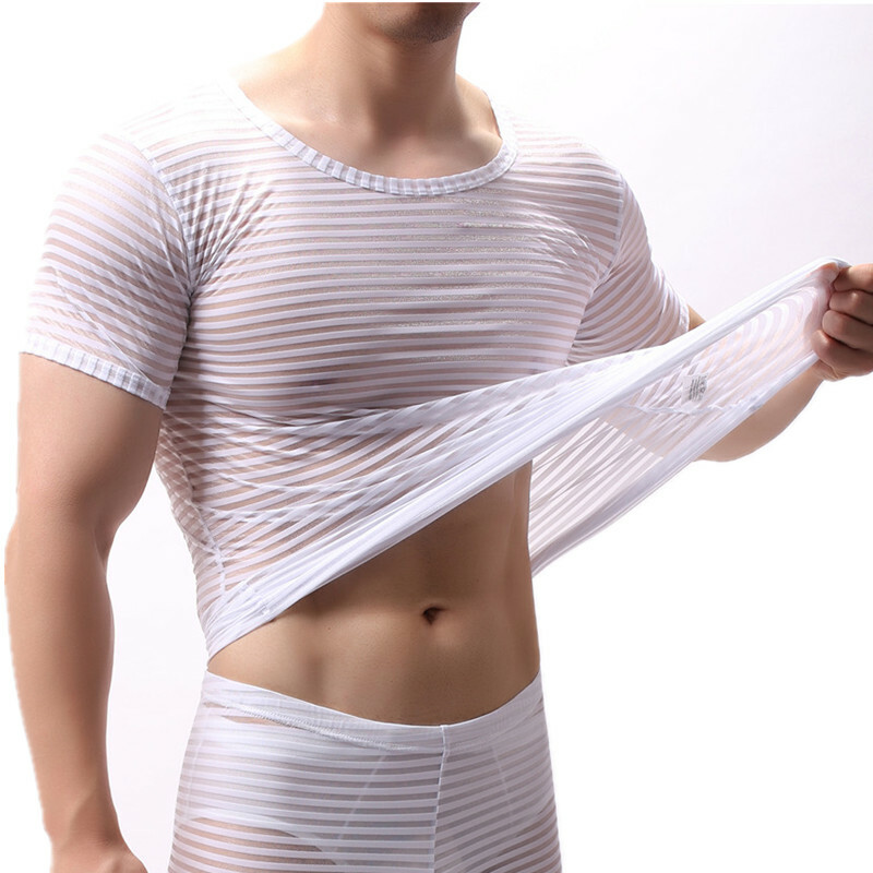 Mens Sexy See-through Mesh Trousers Striped Sports T-Shirt Top Long John Pants gallery