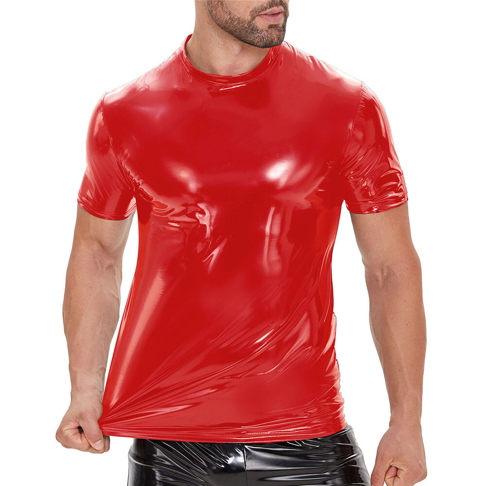 Men's Short Sleeve Tops Shiny PVC Leather T-shirts Wet Look Latex Tees Clubwear gallery