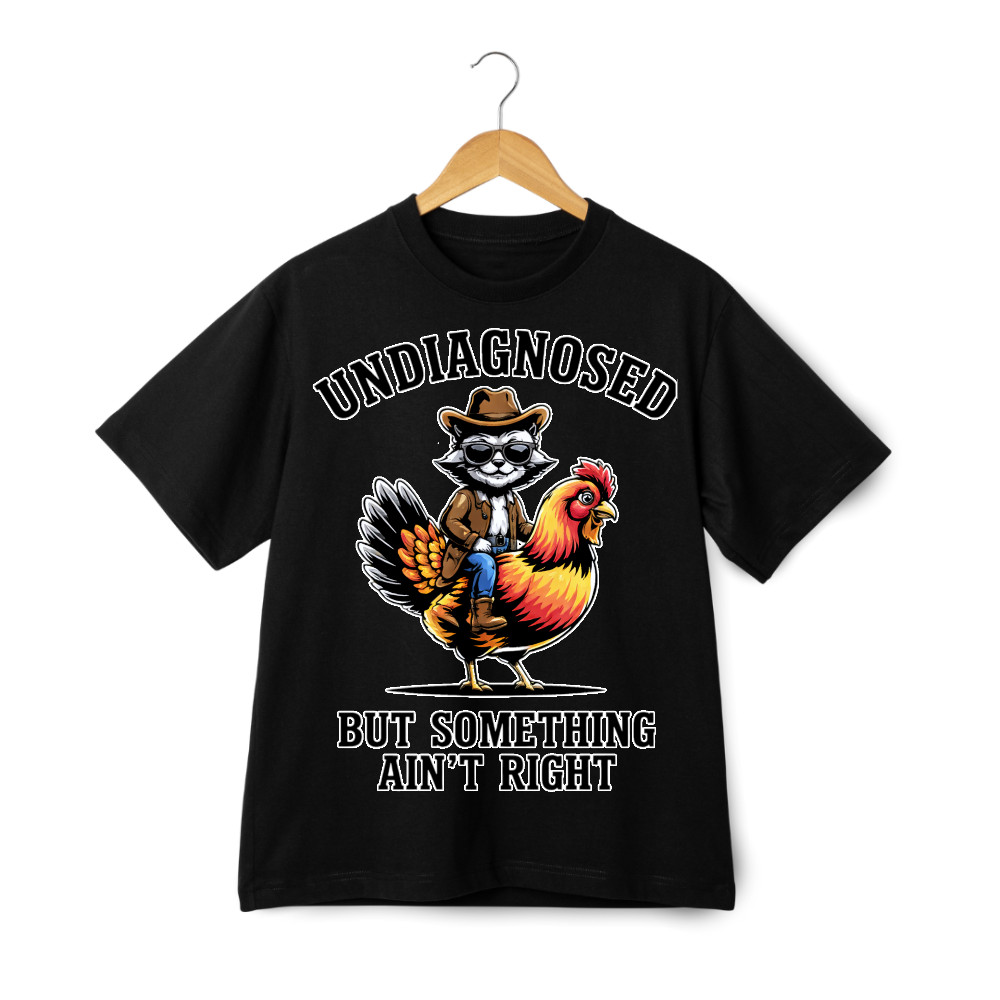 Undiagnosed Cowboy Cat Riding Chicken Print T-Shirt, Funny Western Casual Tee gallery