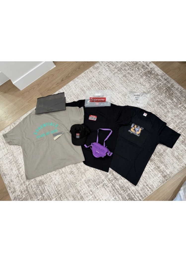 Supreme & Fear of God Essentials Lot NWT XL/S Tees Cordura Hat Purple Neck Pouch