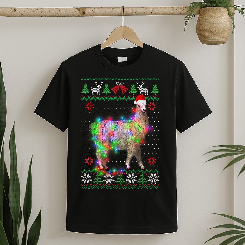 Funny Llama Lights Tangled Ugly Sweater Christmas Animals T-Shirt Unisex gallery