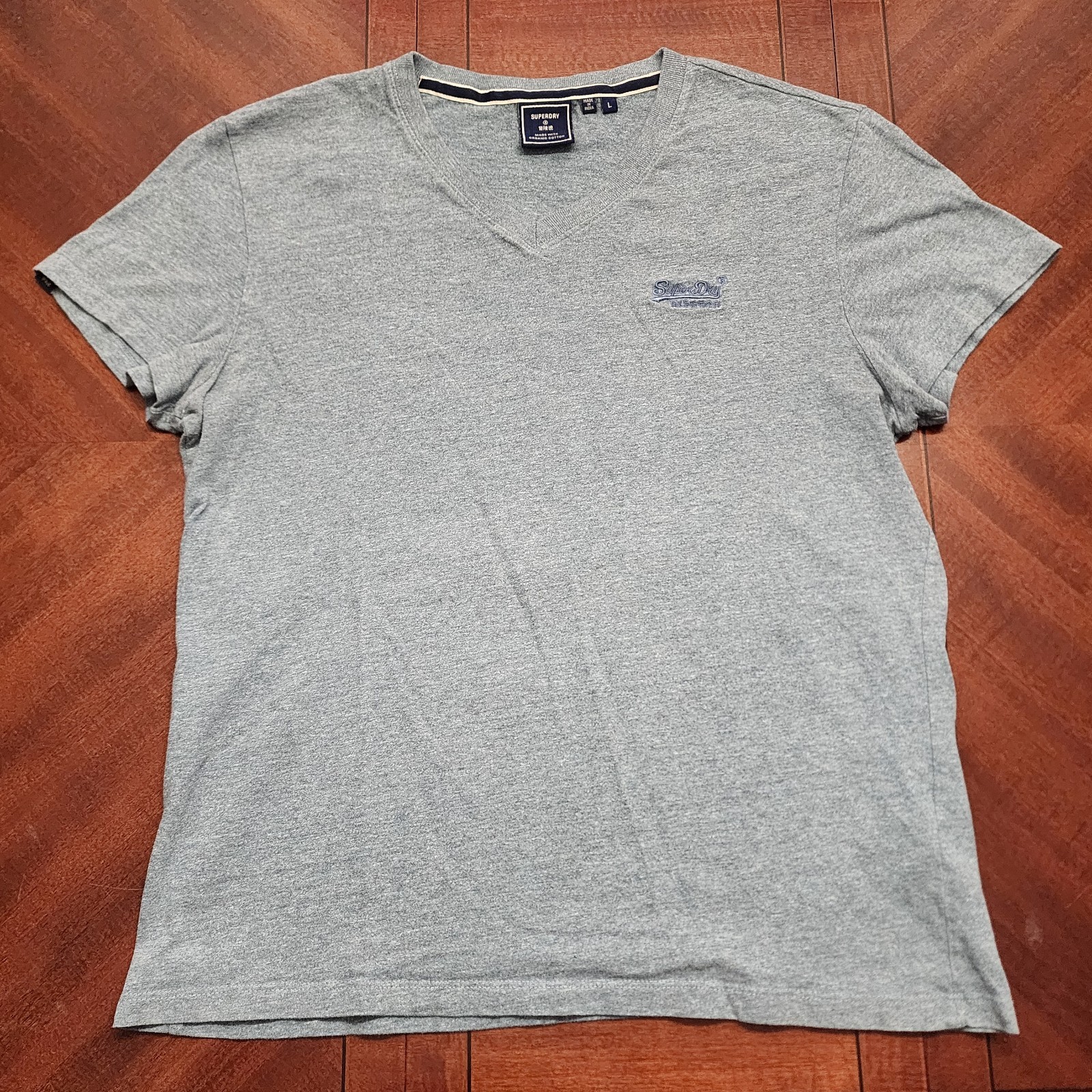 Superdry Shirt Mens Large L Blue V-Neck Organic Cotton Embroidered Script Logo