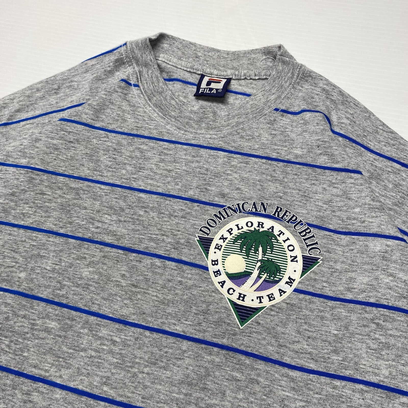 Vtg FILA Dominican Republic Beach Exploration Team Mens T-Shirt L Gray Striped gallery