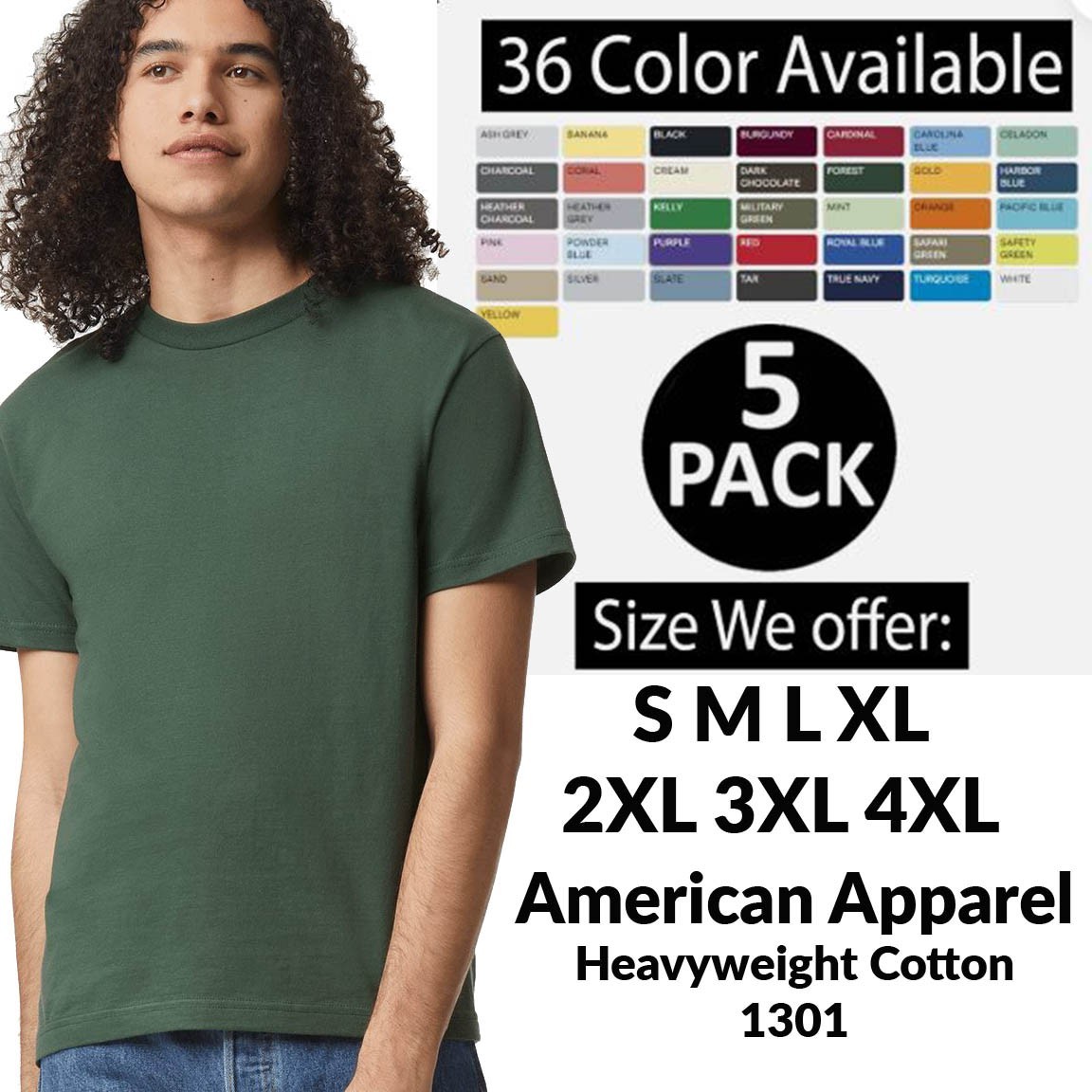 5 PACK OF American Apparel Adult Cotton Plain Short Sleeves T-Shirt - AL1301 gallery