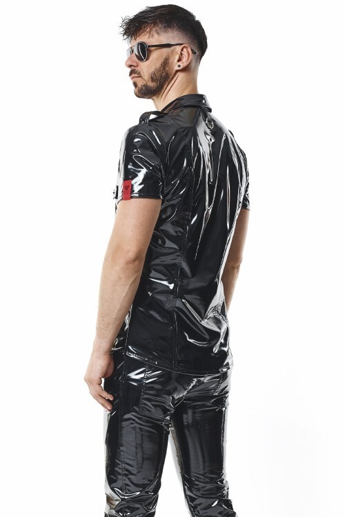 Men’s Black Shiny PVC Shirt Slim Fit Snap Button Stand Collar Top gallery
