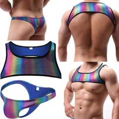Men’s Rainbow Metallic PVC Leather Wetlook Boxer Briefs Clubwear Vest Underwear