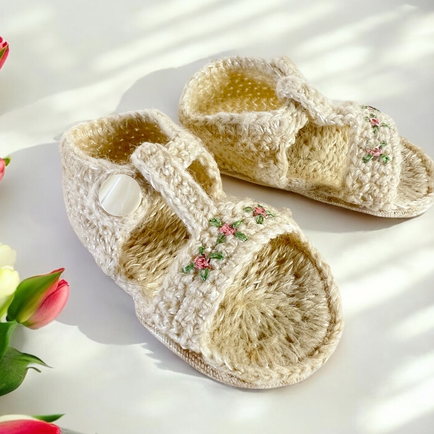 Baby Sandals Chrocheted Cream With Pink Flower Accent – Girl 0-6 M0 – New No Box
