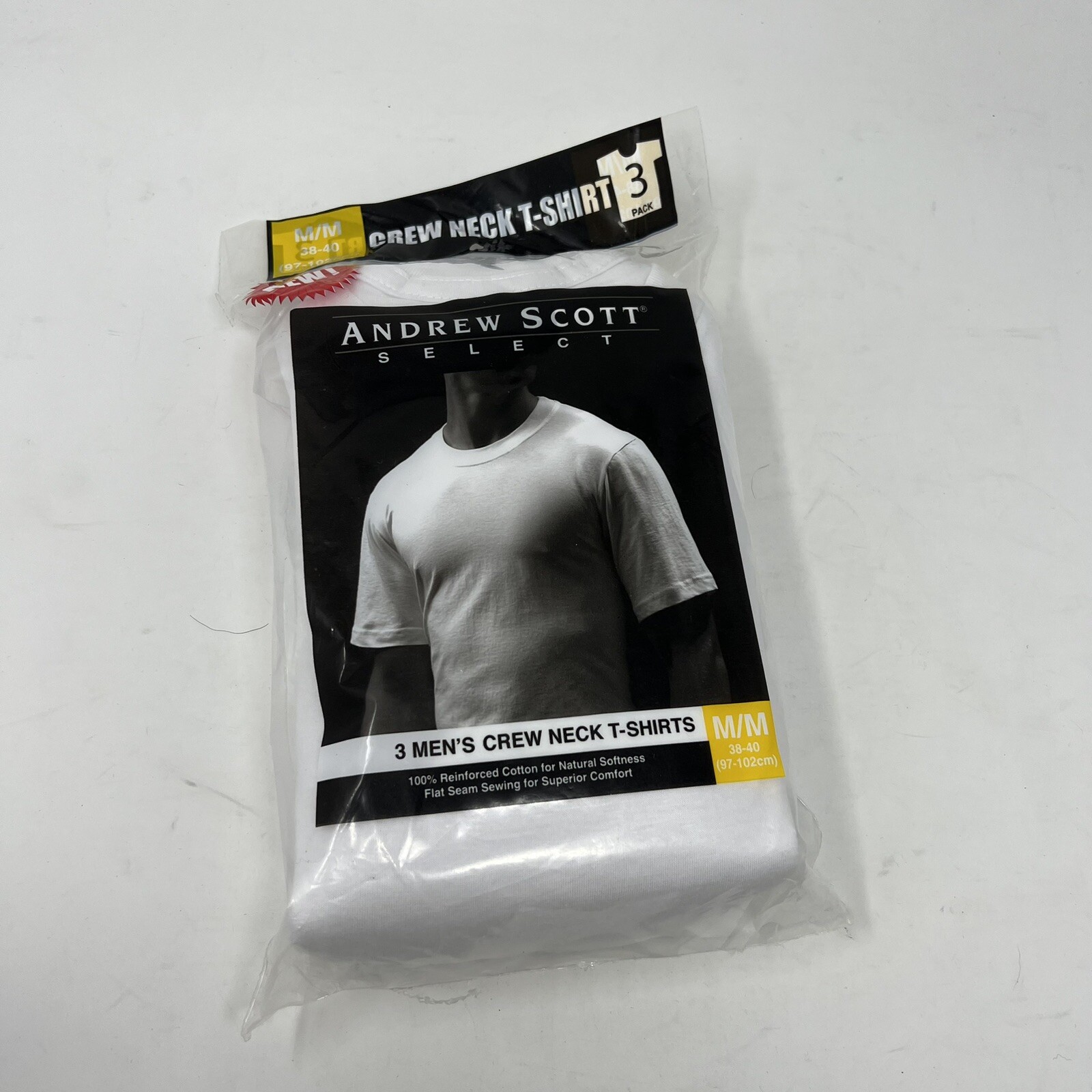 NWT Andrew Scott Size Medium 3 Pack Mens Crew Neck White T-shirts 100% Cotton