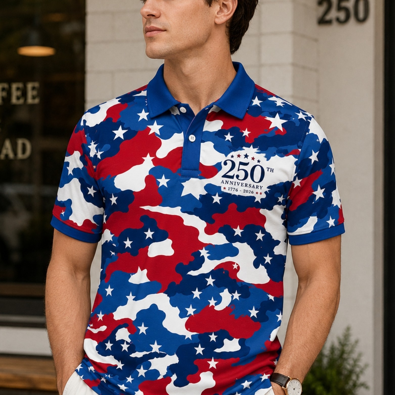 Red White Blue Camo Golf Polo, USA 250th Anniversary 1776-2026 Patriotic (S-5XL) gallery