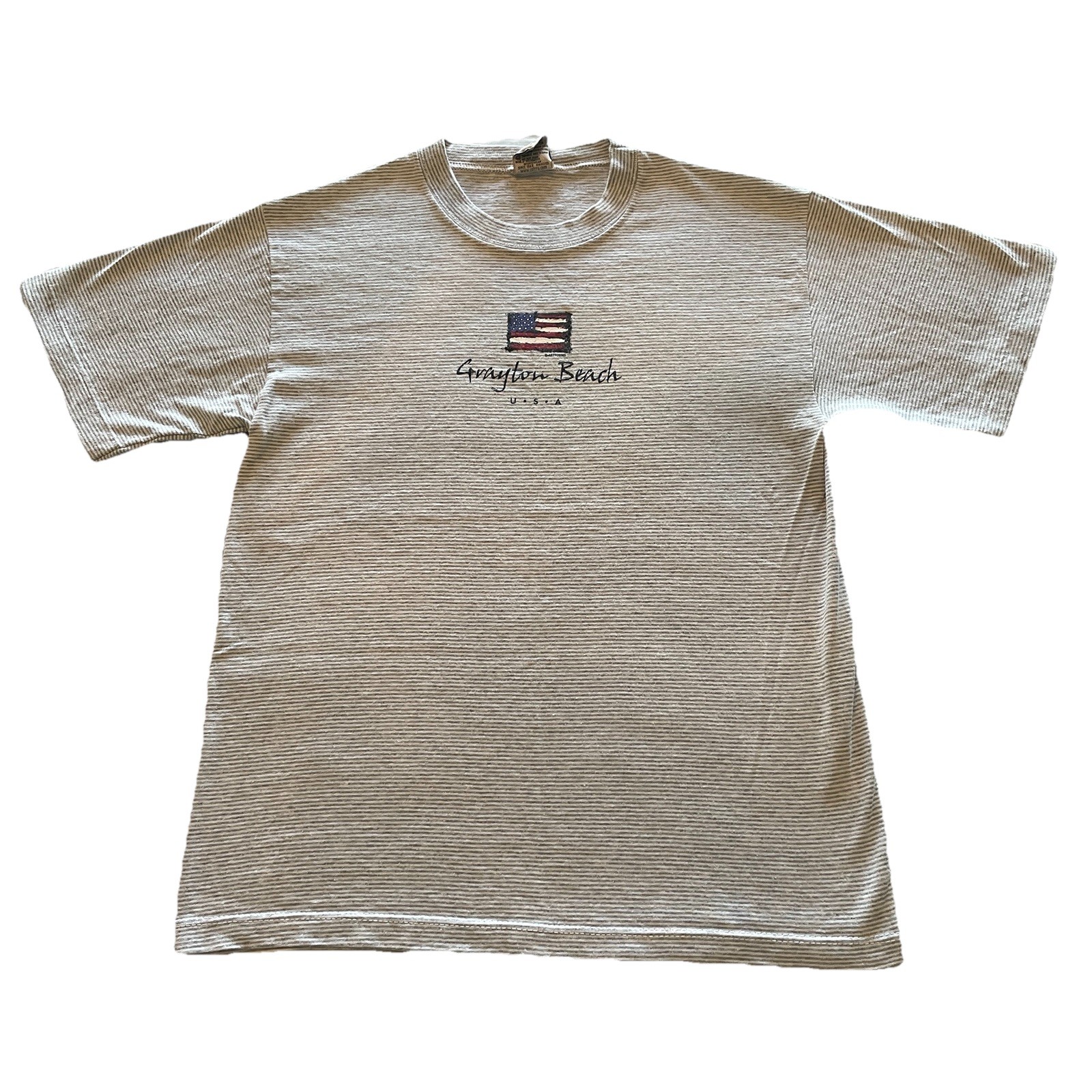 Vintage 90s Single Stitch T-Shirt Mens Small Gray Striped Grayton Beach USA Made gallery