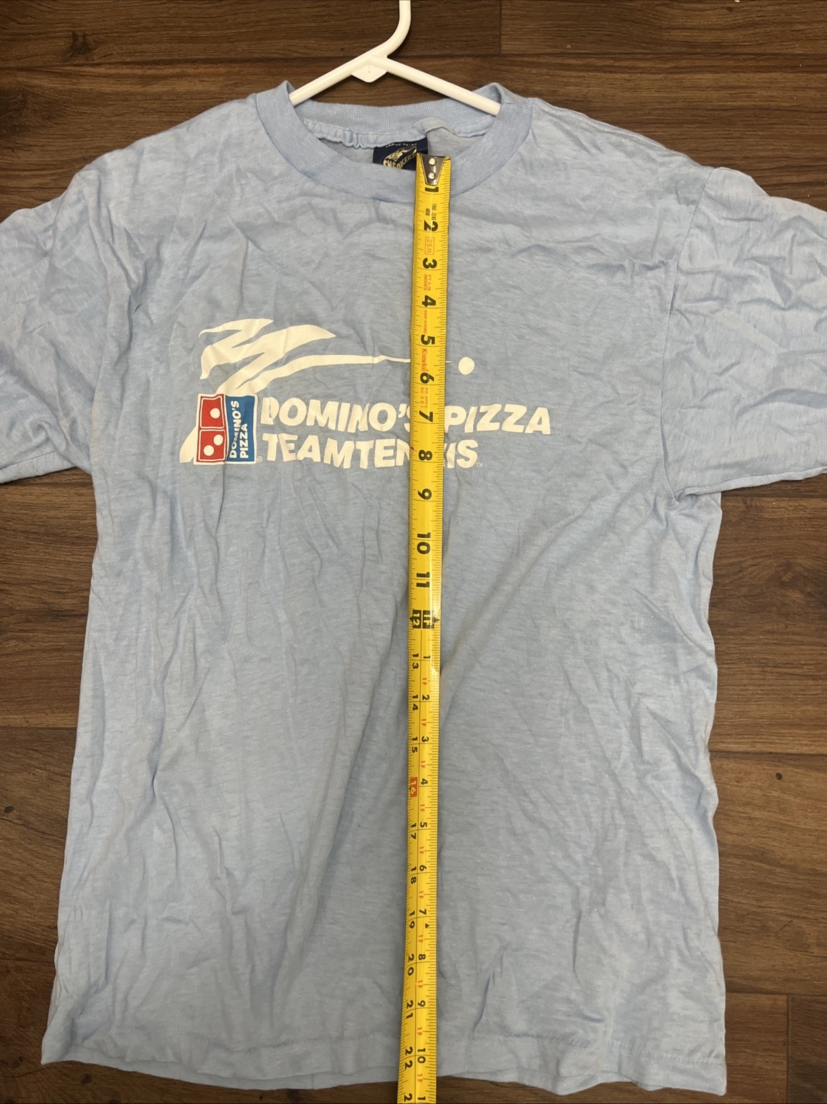 Vintage 1980s Dominos Pizza Team Tennis Promo T-Shirt L Blue Single Stitch USA gallery