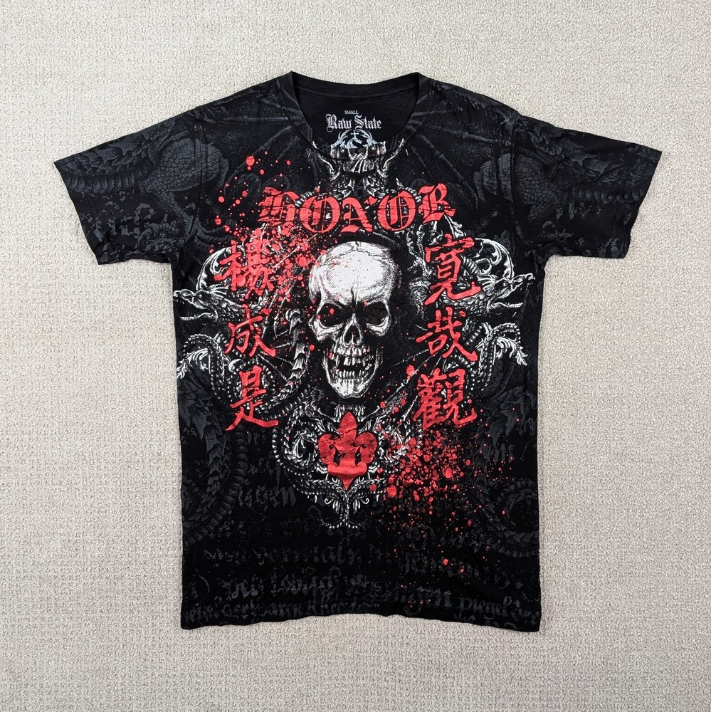 Y2K Raw State Skull Honor Men’s Small Shirt Black Red Foil Affliction Style AOP