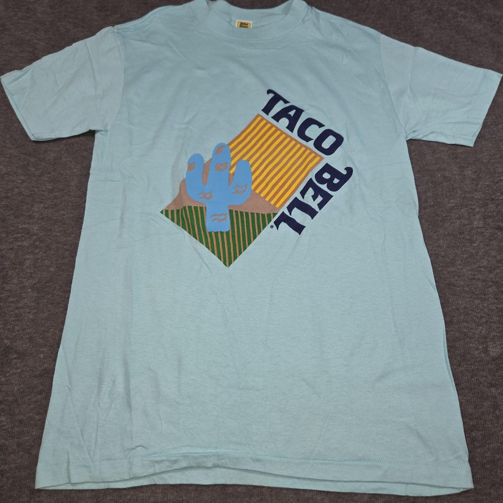 VTG 80s Single Stitch Shirt Medium Blue Taco Bell Cactus Graphic Logo Fast Food