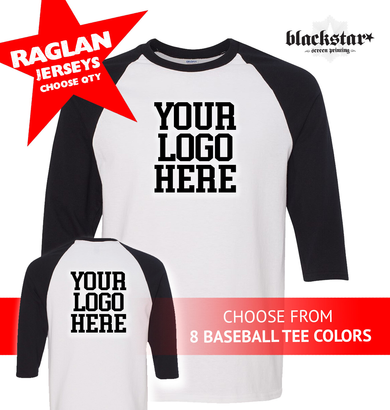 CUSTOM SCREEN PRINTING GILDAN BASEBALL RAGLAN TEES CHOOSE QTY 1-COLOR PRINT