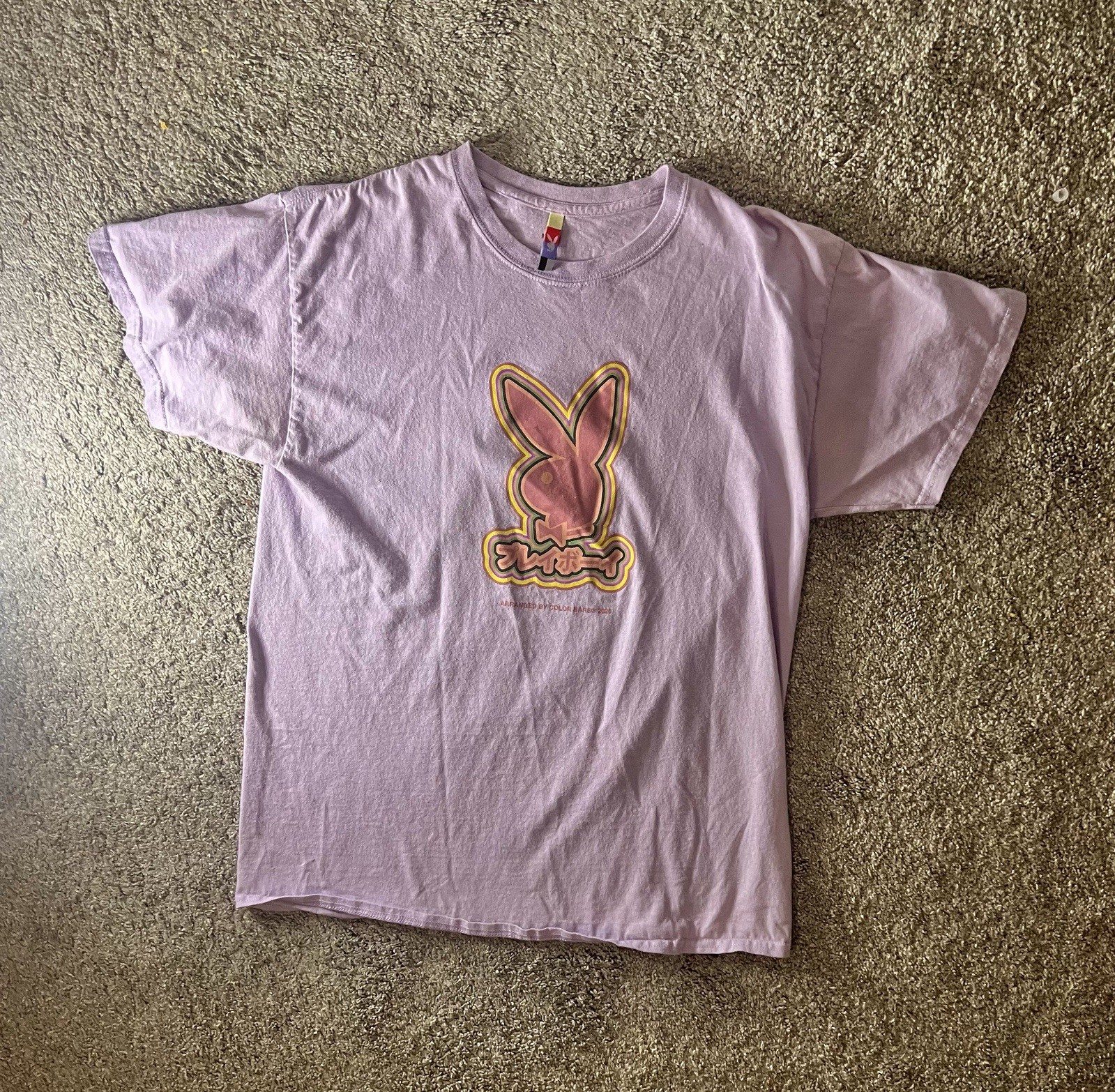 Men’s Playboy Color Bars Tokyo Japan Rabbit Purple Graphic Shirt Size Large
