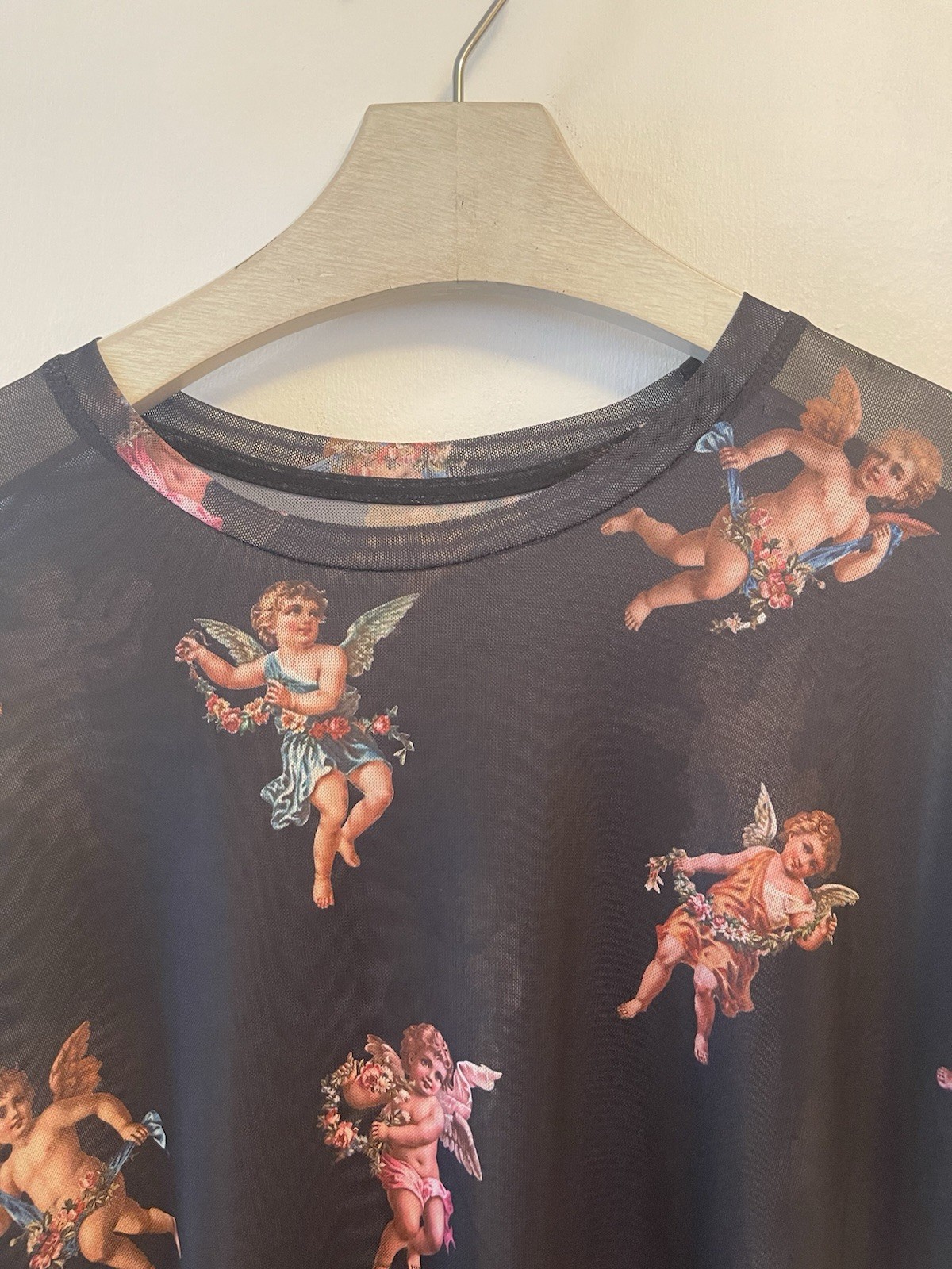 Shein Shirt Semi Sheer Cherub Angel Print Medium Mens Black Club wear Street gallery