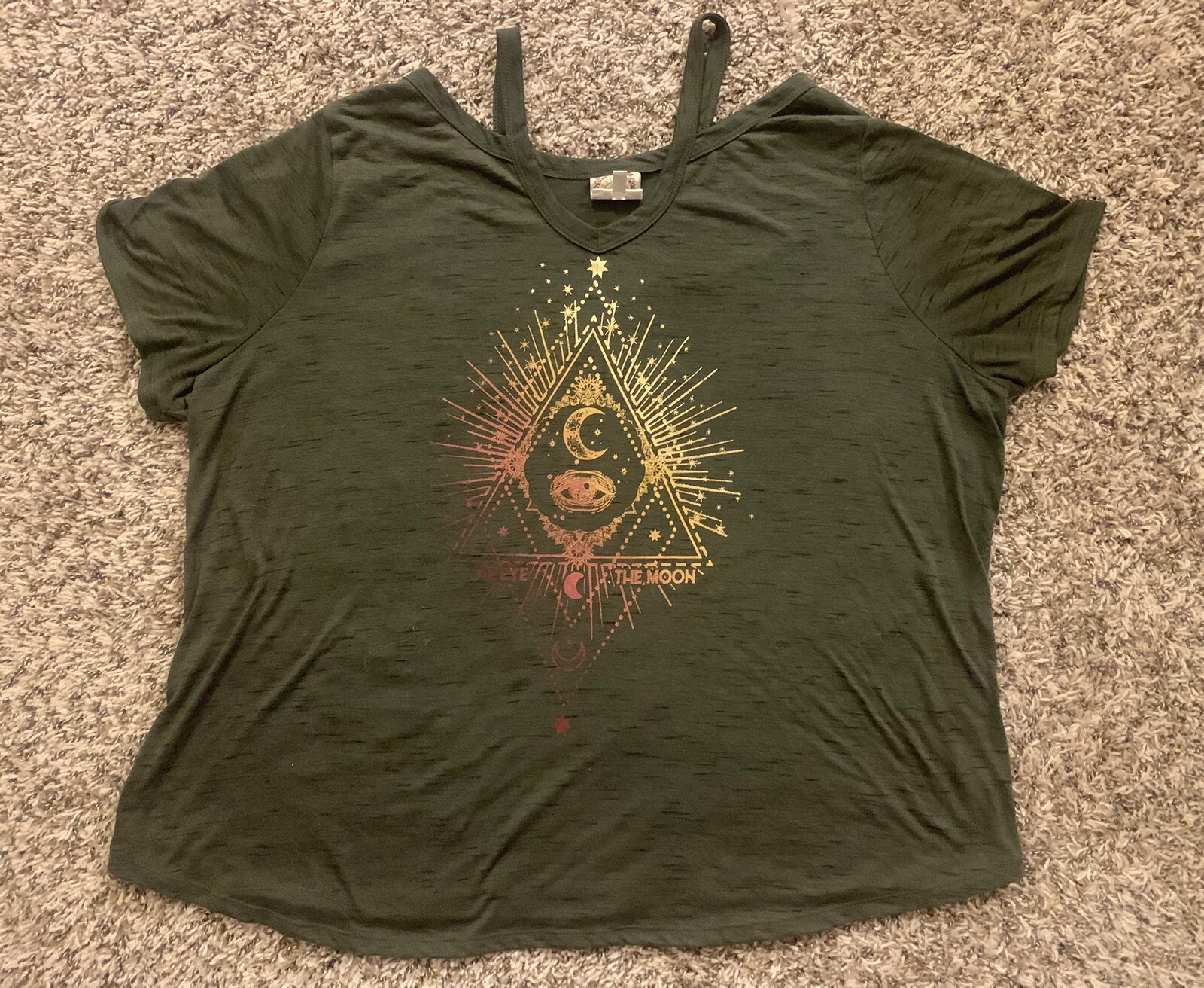 Truself Women’s Spiritual All Seeing Eye Wiccan Shirt Sz 3XL Green Cold Shoulder