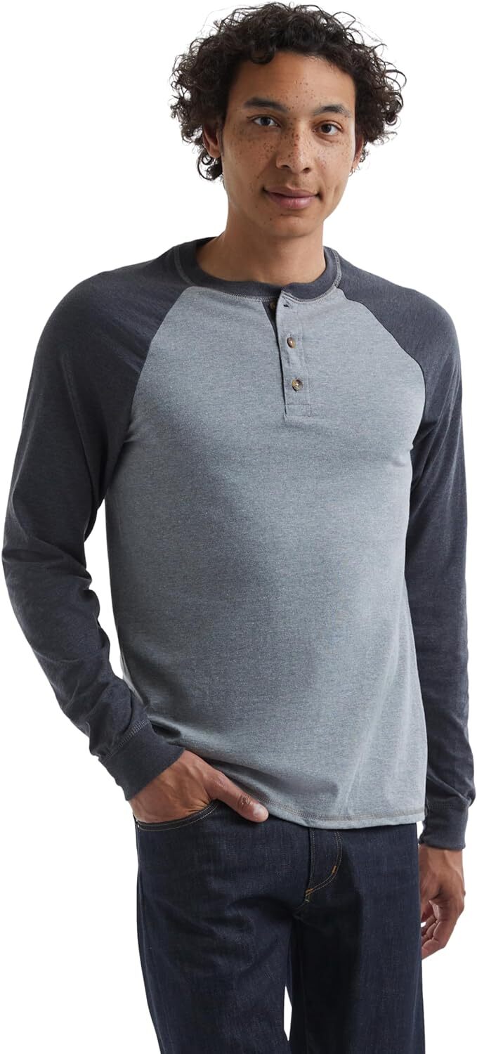 Hanes Mens Beefy Long-Sleeve Shirt Colorblock Henley threebutton Tag Free raglan gallery