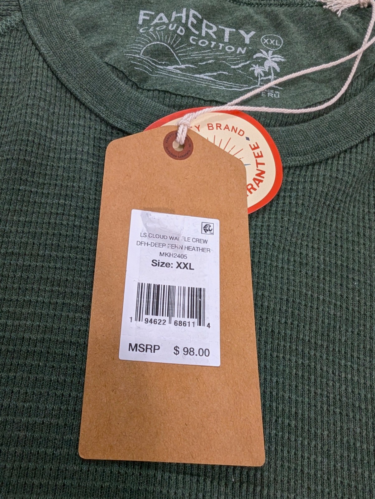 Faherty Men's Long Sleeve Cloud Waffle Crew Deep Fern Heather Size 2XL Top gallery