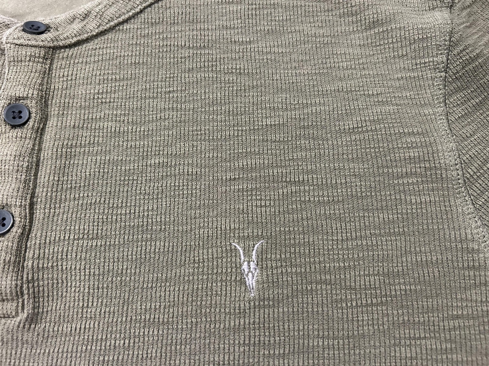 AllSaints Henley Shirt Mens XL Green Waffle Knit Long Sleeve Regular Fit gallery
