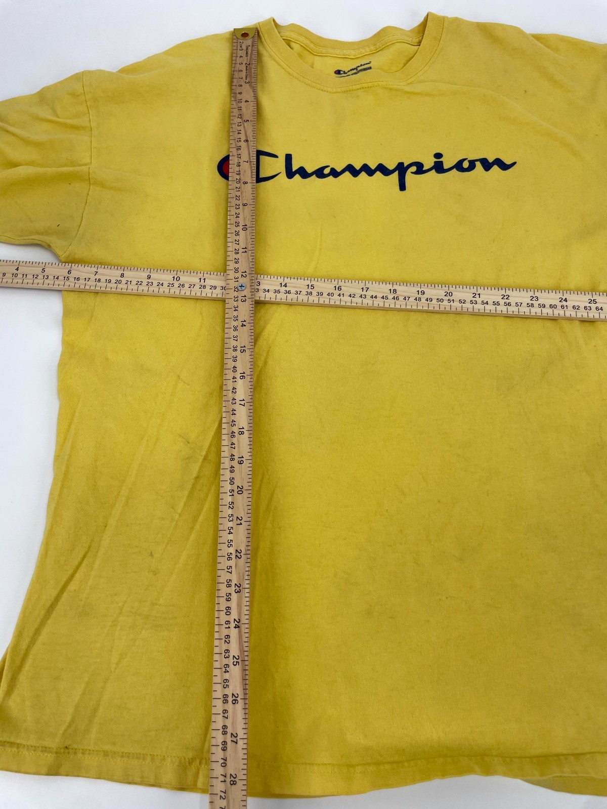 Champion T-Shirt Mens 1XL Yellow Spellout Logo Cotton Drop Shoulder Casual Wear gallery