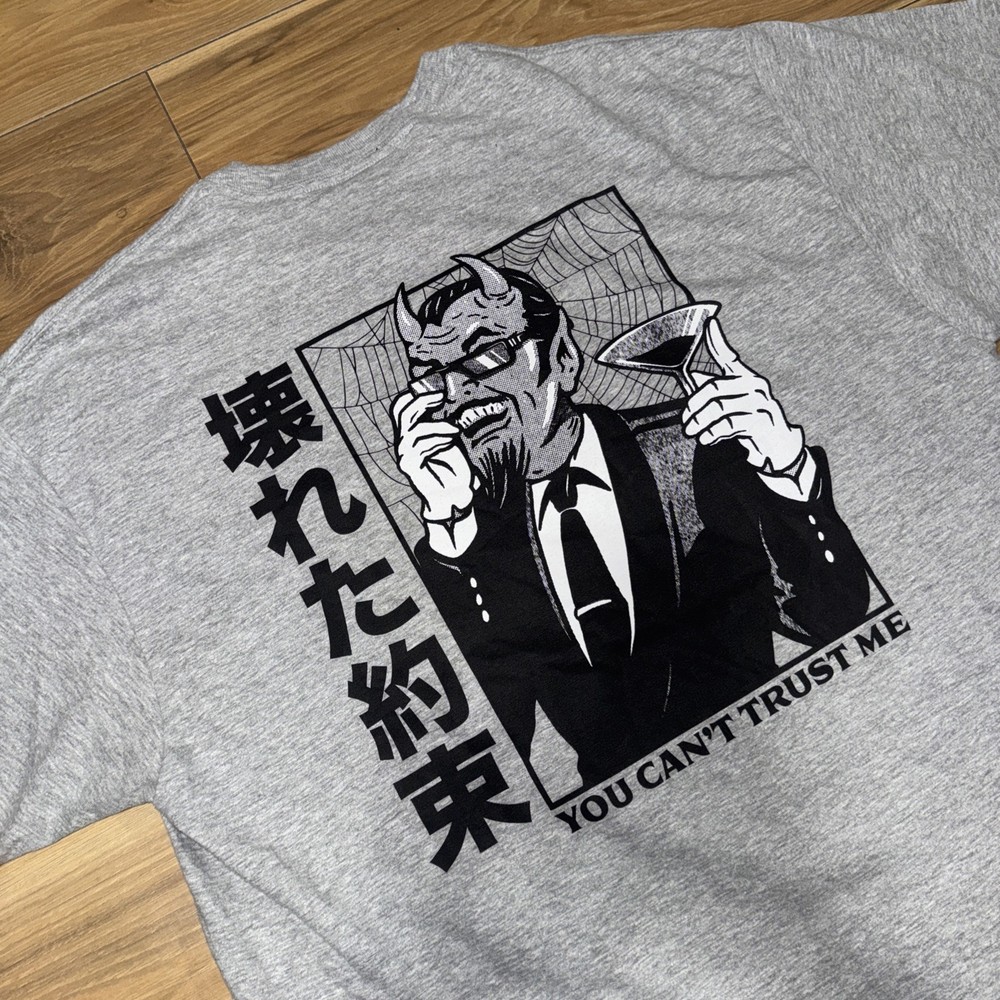 Broken Promises Devil Graphic T Shirt Mens XL Gray Japanese Text Streetwear NWOT
