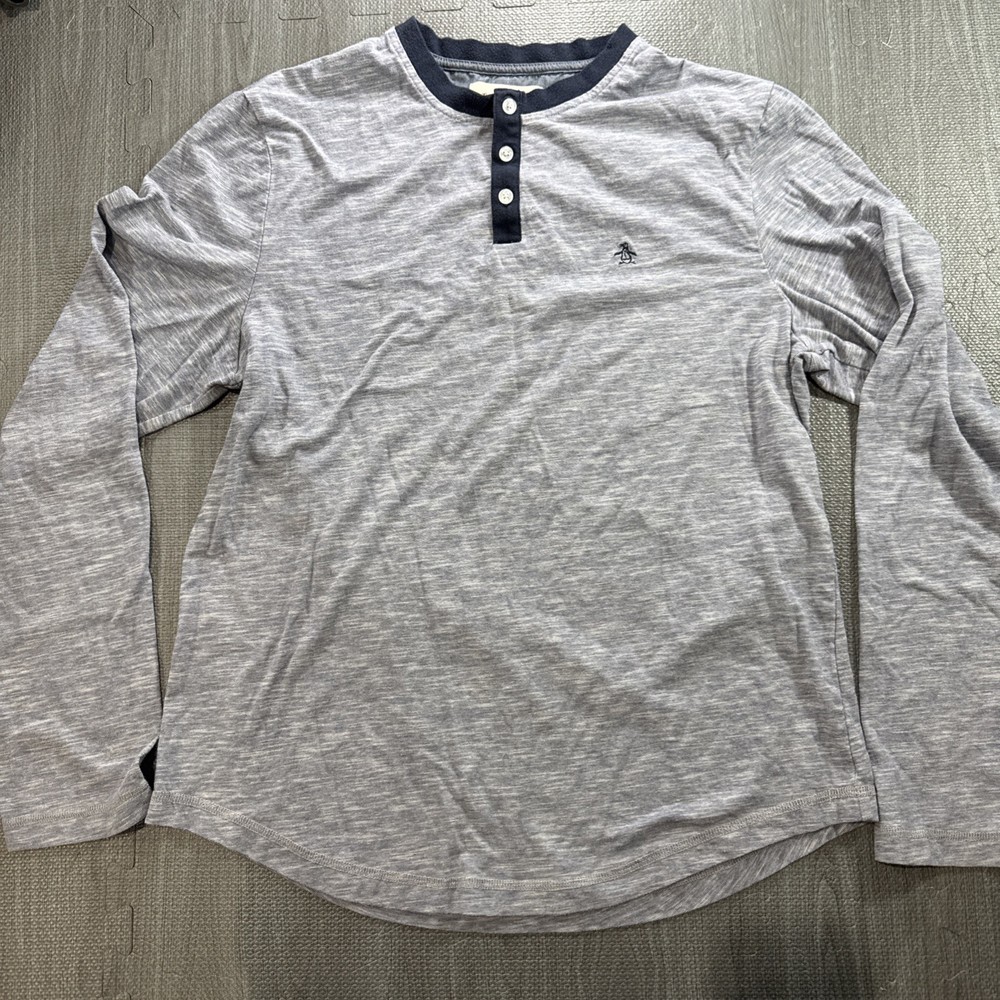 Penguin Shirt Large Large Blue Heather Long Sleeve Henley Casual Pullover Button