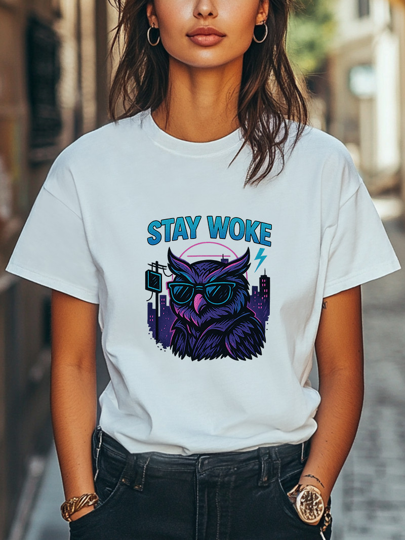 Stay Woke T-Shirt Neon Owl with Shades Graphic Tee Retro Vaporwave Streetwear gallery