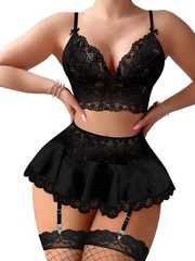 Sexy Stocking Mini Skirt Wireless Mesh Lace Garter Lingerie with Thong Set 4 …