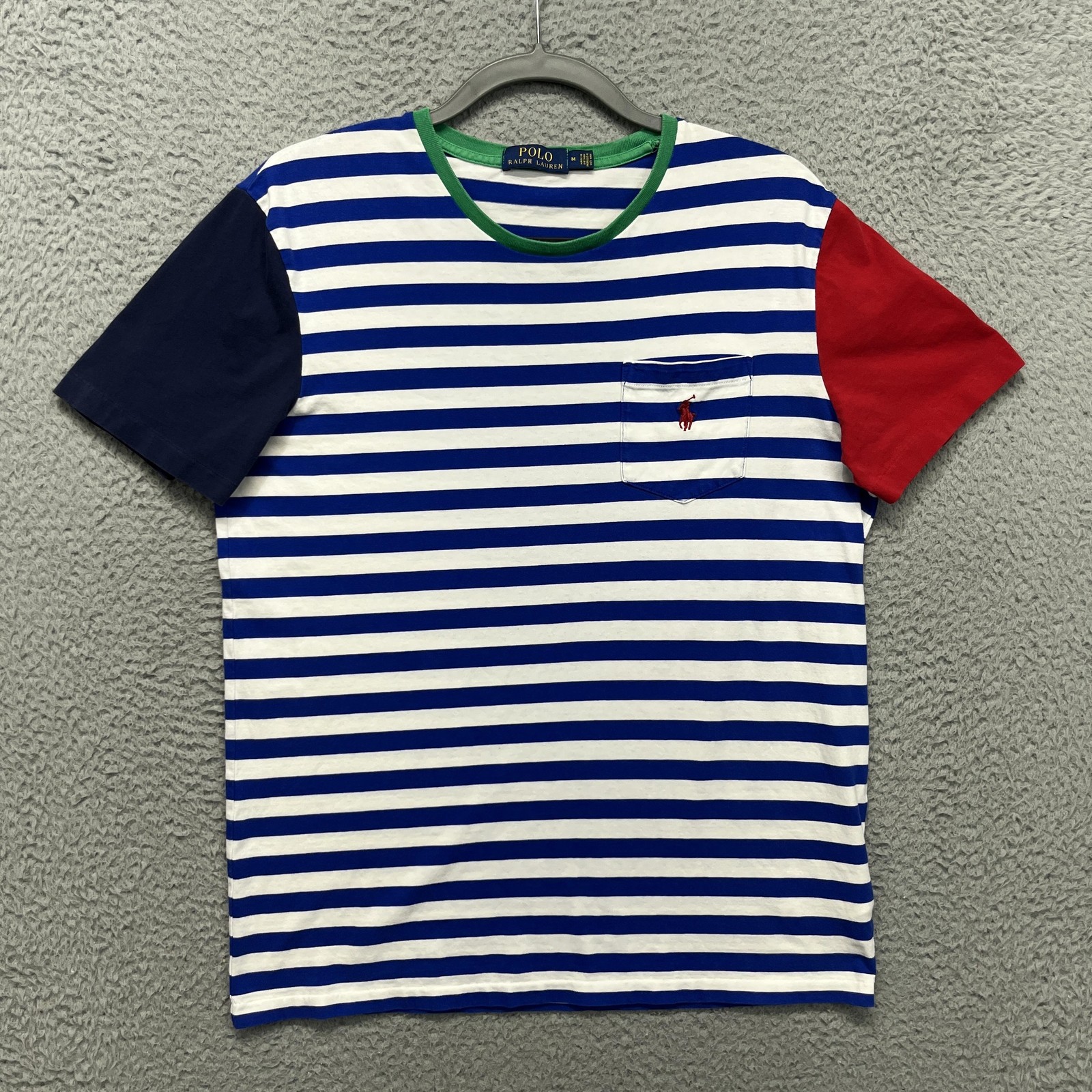 Polo Ralph Lauren Shirt Mens Medium Blue White Stripe Pocket Ringer Tee