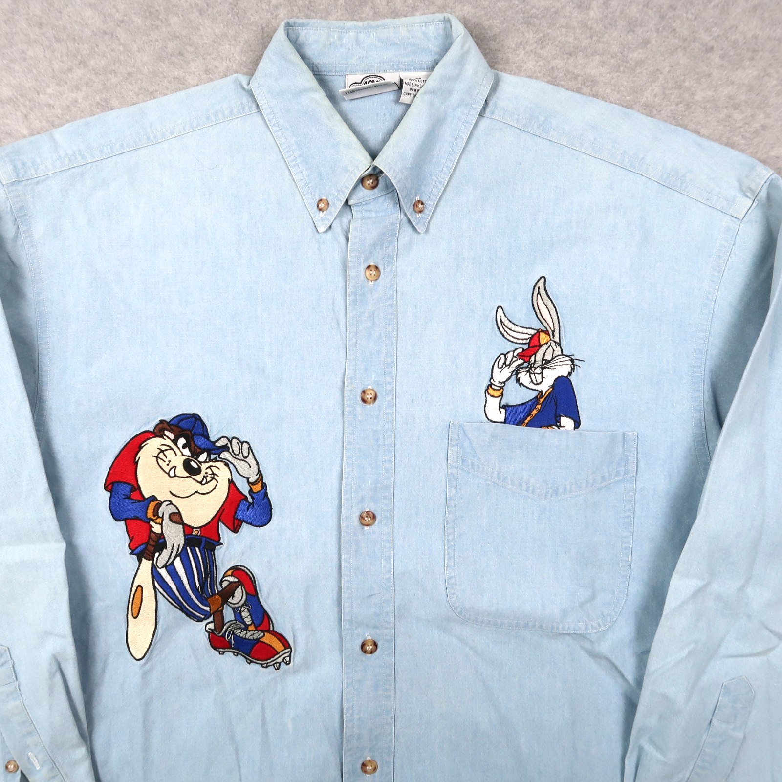 Vintage 90s Looney Tunes Chambray Denim Shirt Bugs Bunny Taz Medium M gallery