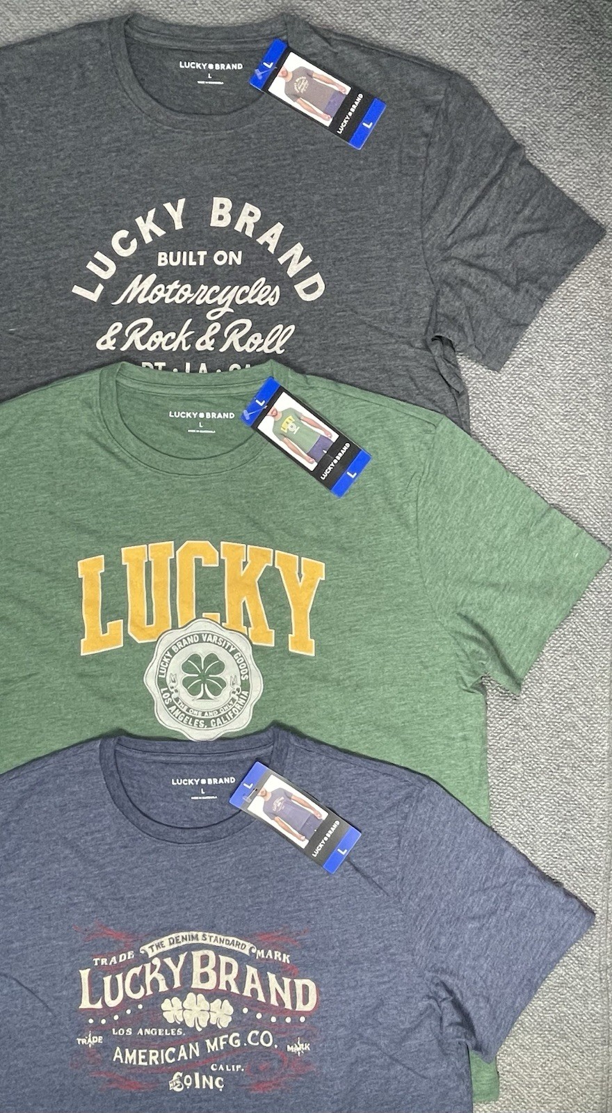 Lucky Brand Men's LARGE Or XL Lot of 3 Graphic Tees in 3 Colors NWT gallery