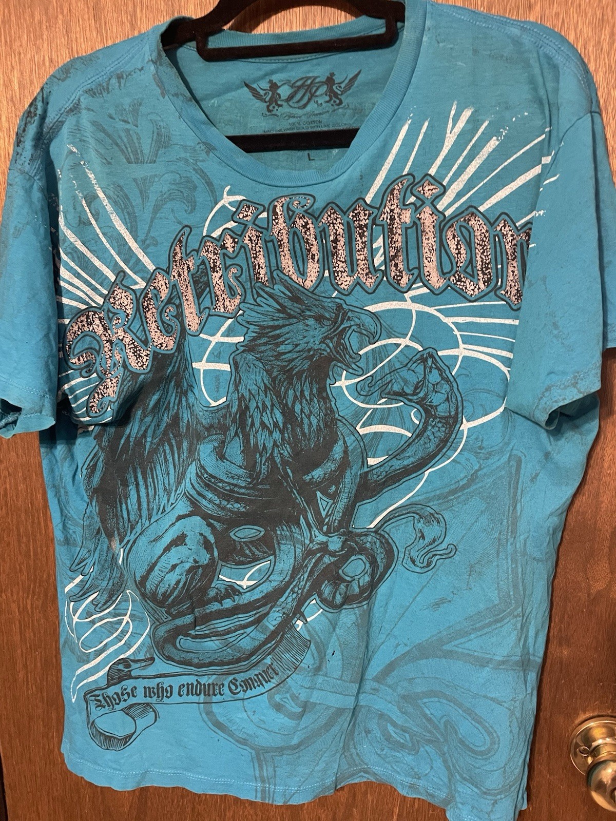 Retribution Men’s Large Y2K Graphic T-Shirt Eagle Snake Cross Biker Tattoo Blue