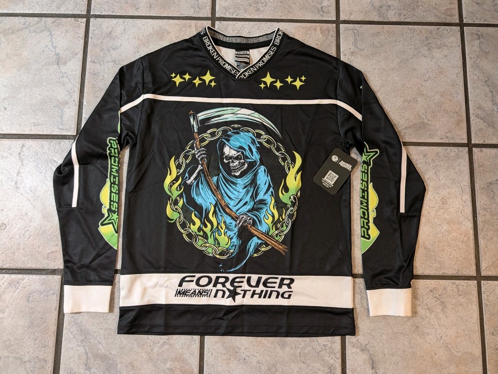 Broken Promises Grim Reaper Hockey Jersey Shirt Black Flame Graphic Men’s Small