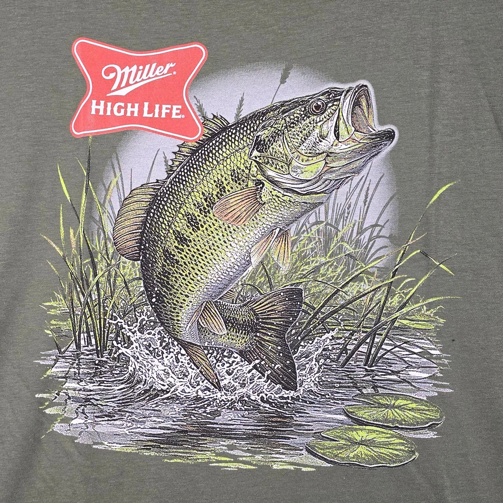 MILLER HIGH LIFE Beer Shirt Men Large Green Fishing Hunting Casual Fish Bass NWT gallery