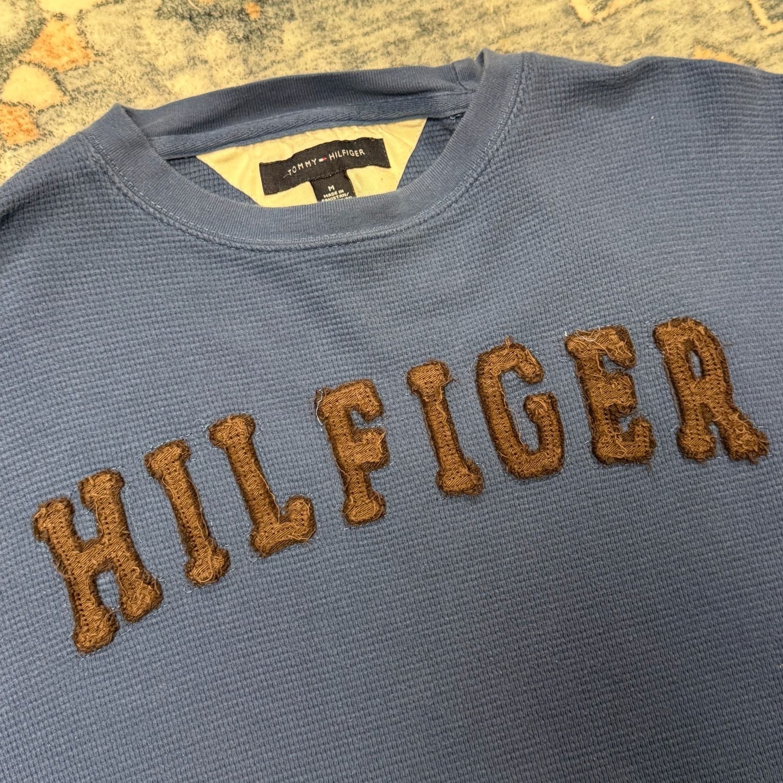 Tommy Hilfiger Vintage Style Blue Waffle Knit Long Sleeve Shirt with Brown Spell gallery