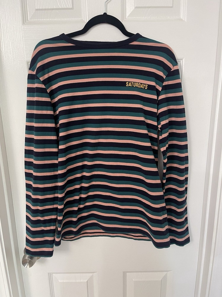 Saturdays NYC Men’s M Striped Navy Pink Long Sleeve Cotton T-Shirt Logo