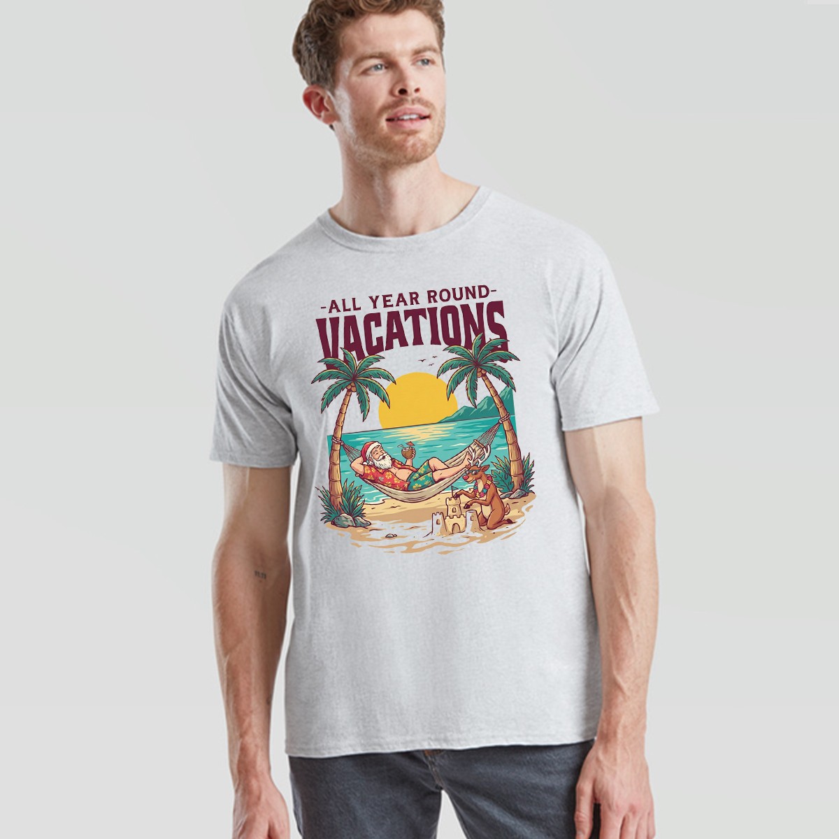 All Year Round Vacations Christmas Santa Reindeer Beach Graphic Unisex Tee gallery