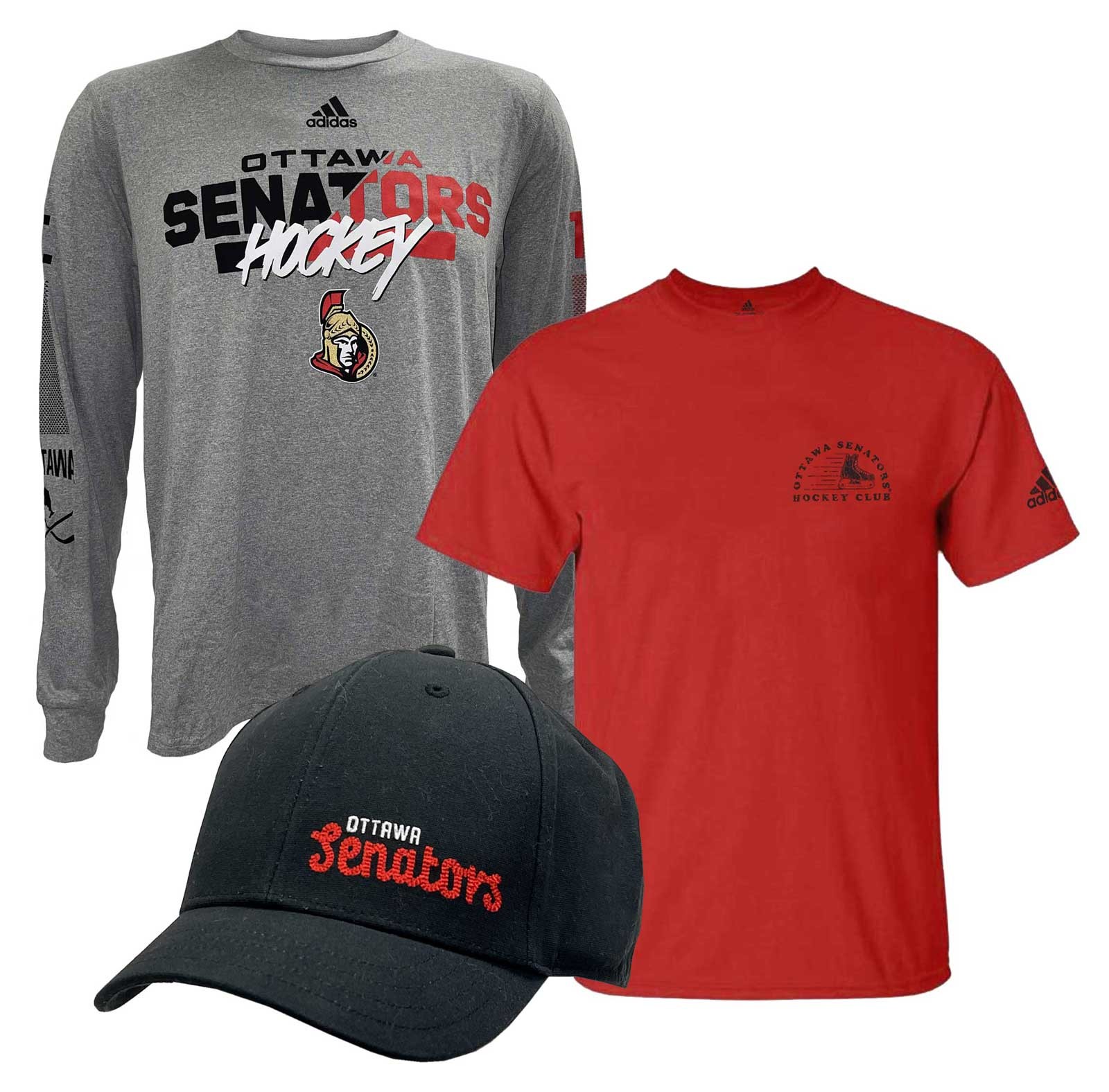 Adidas Men’s NHL Ottawa Senators Hockey (3 Pack) 2 Tees T-Shirt & Ball Cap (M)
