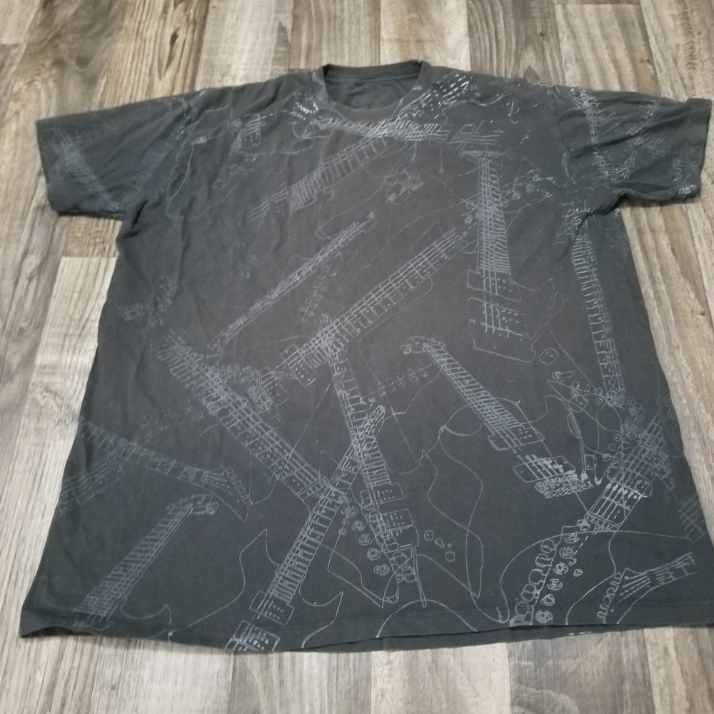 Black/Gray Utility Rock N Roll Guitar T-Shirt Mens XXL Grunge Metal Aop