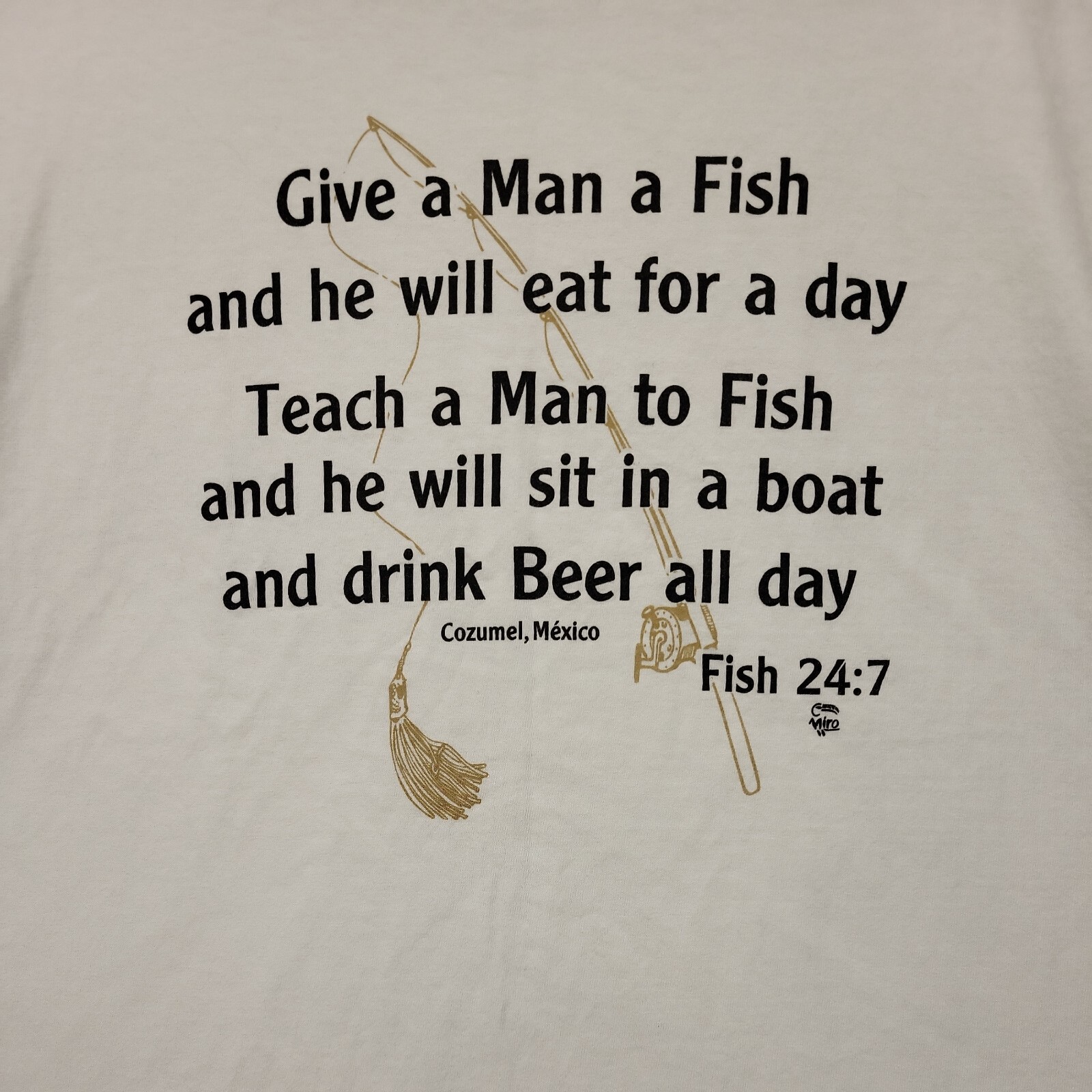 MIRO MEN'S SHIRT WHITE SIZE X-LARGE XL COTTON COZUMEL MEXICO GIVE A MAN A FISH.. gallery