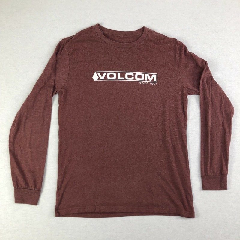Volcom Mens Burgundy Long Sleeve T Shirt Tee Soft Skateboard Casual Tee. G0