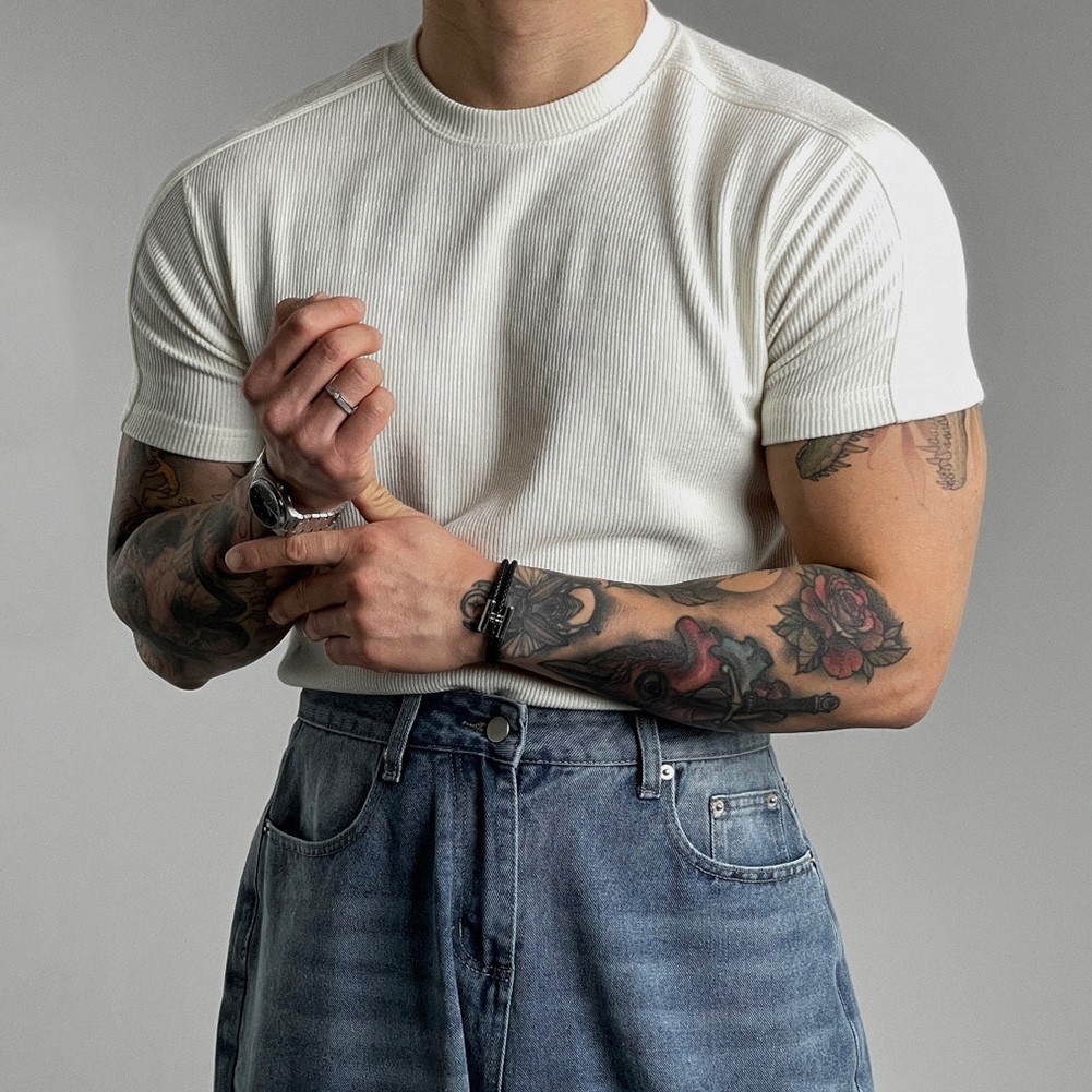 Men's Athletic Ribbed T-Shirt Short Sleeve Small High Collar Training Wear gallery