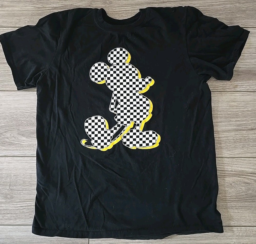 Mickey Mouse L Tee Shirt Black w/White/Blk Yellow Checked MICKEY S/M Disneyland