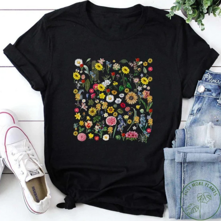 Graphic Flower men women Black tshirt full size