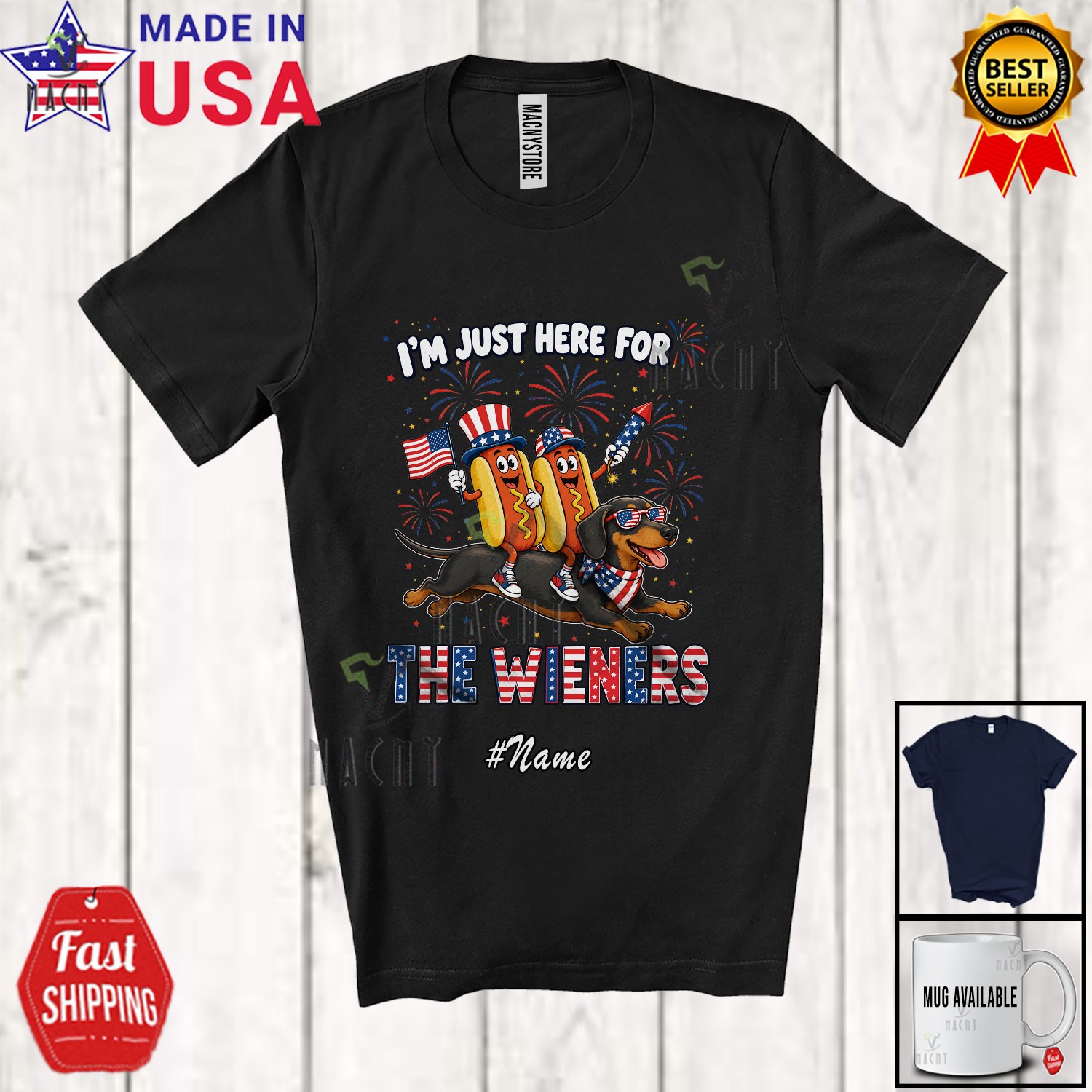 Custom Name Here For Wieners; 4th July Hotdog Riding Sausage Dog Patriotic Shirt gallery