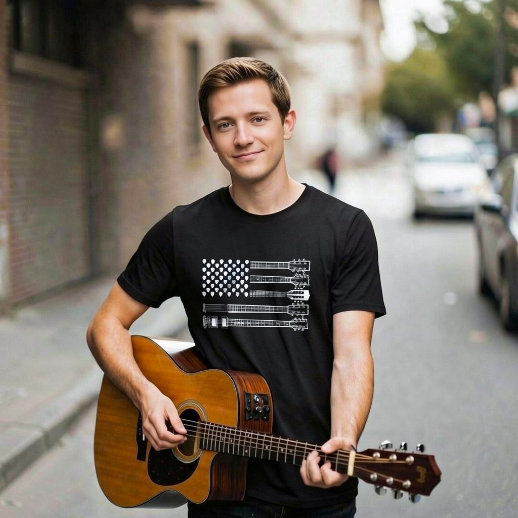 Mens Guitar Flag T Shirt Cool Rock and Roll 4th of July Musician Flag Graphic gallery