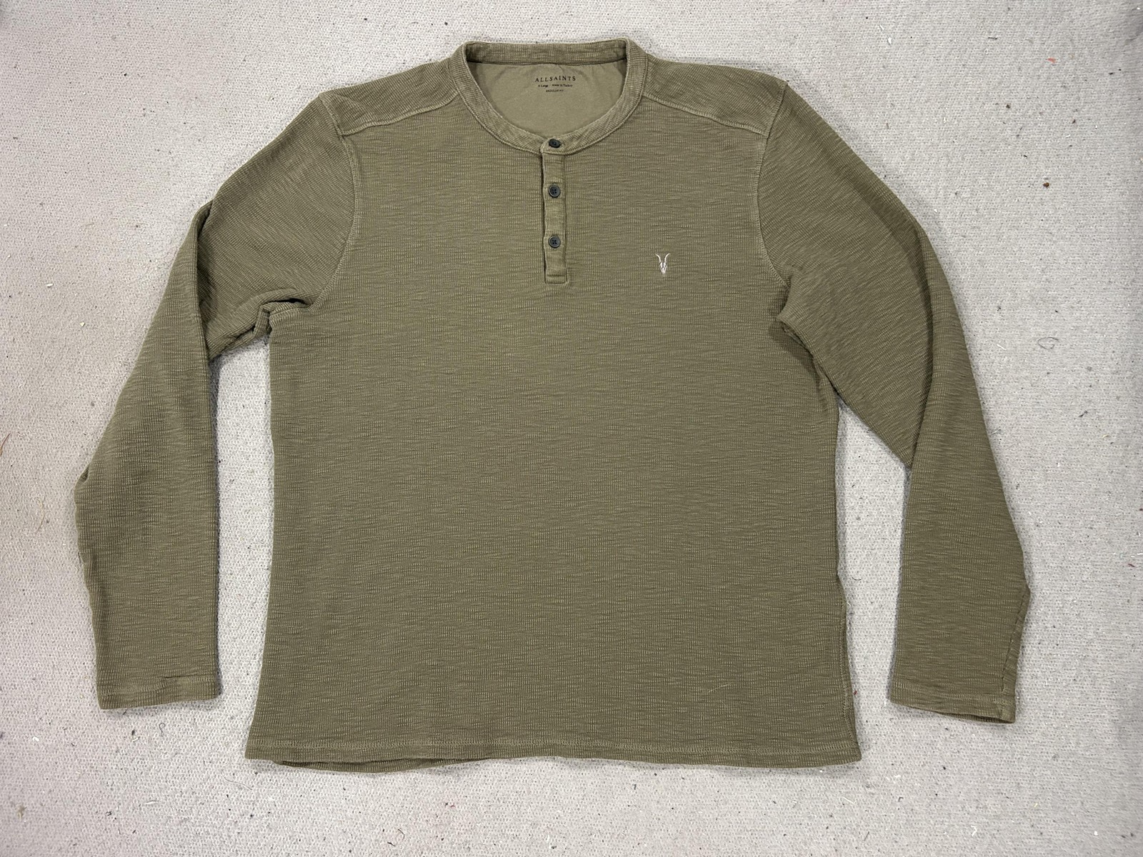 AllSaints Henley Shirt Mens XL Green Waffle Knit Long Sleeve Regular Fit