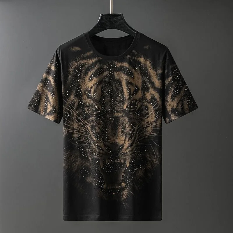 New Fashion Tiger Trend Rhinestones Summer Short Sleeve Luxury Black Men T-Shirt